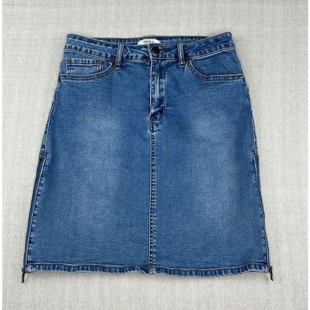 Forever 21 Double Size Zip Mini Skirt Size 27 Small Blue Denim Jean Stretch